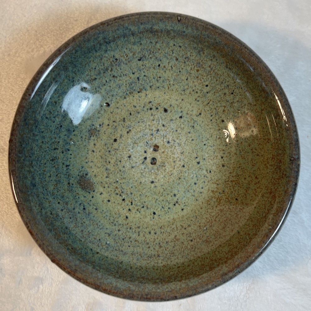 Hand Thrown Art Pottery Bowl Green Speckled Glaze Artist Signed 5.25"